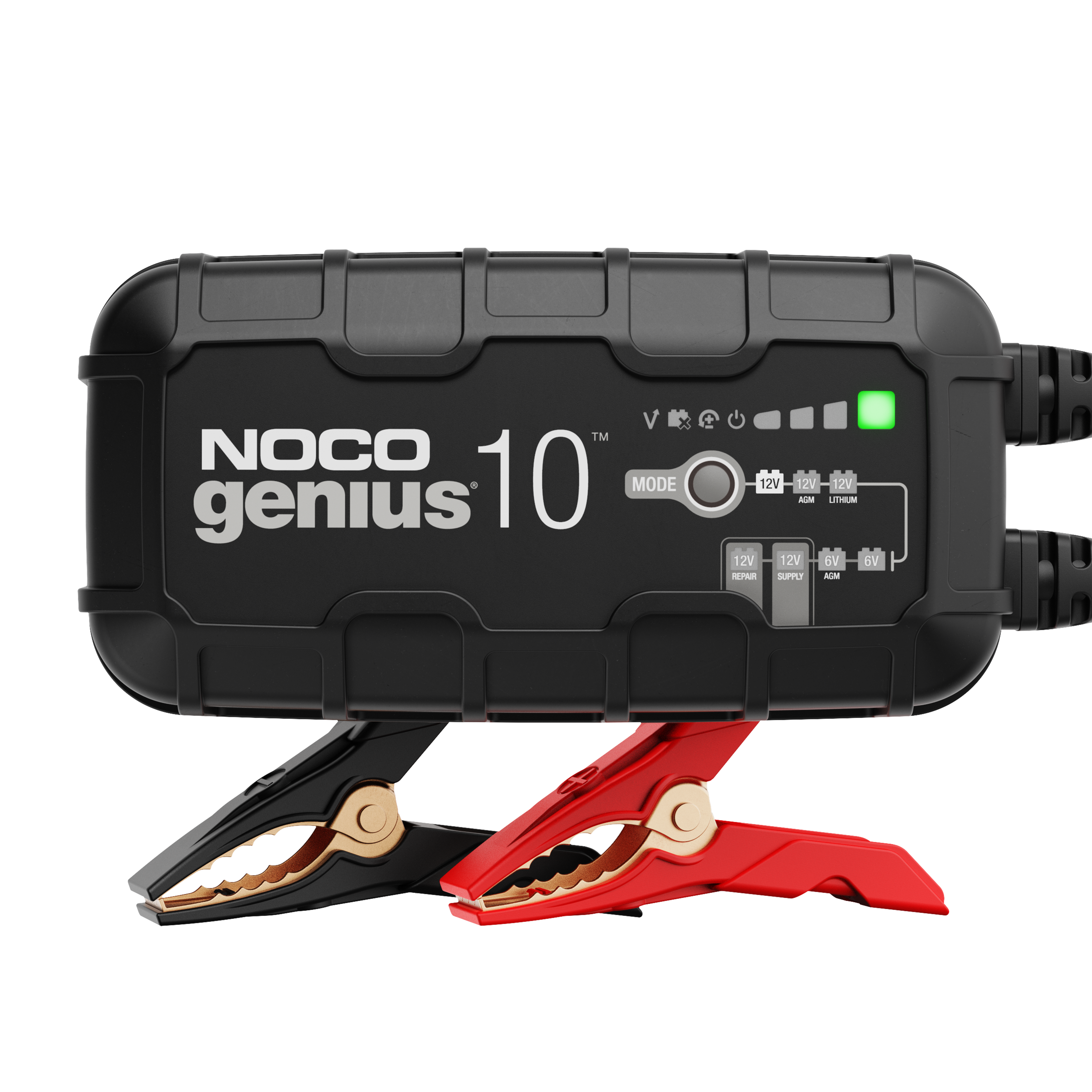 NOCO GENIUS10 6V/12V 10-amp smart battery charger with clamps. Image via NOCO.