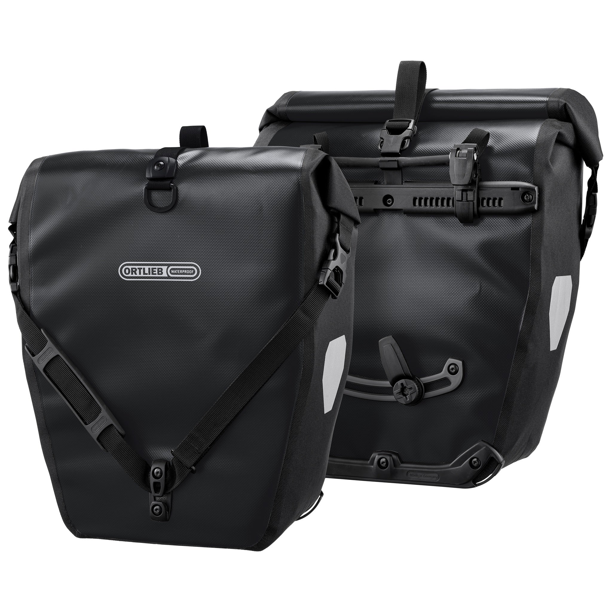 Pair of black Ortlieb Back-Roller waterproof roll-top panniers. Image via Ortlieb USA.