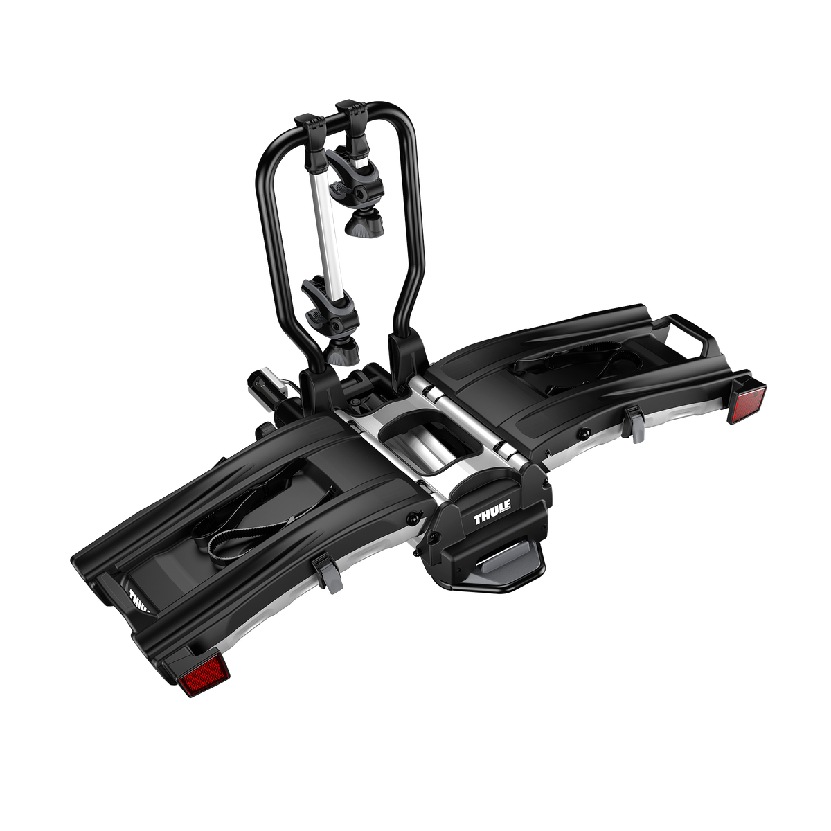 Thule EasyFold XT 2 two-bike hitch rack in black with folding platform. Image via Thule.