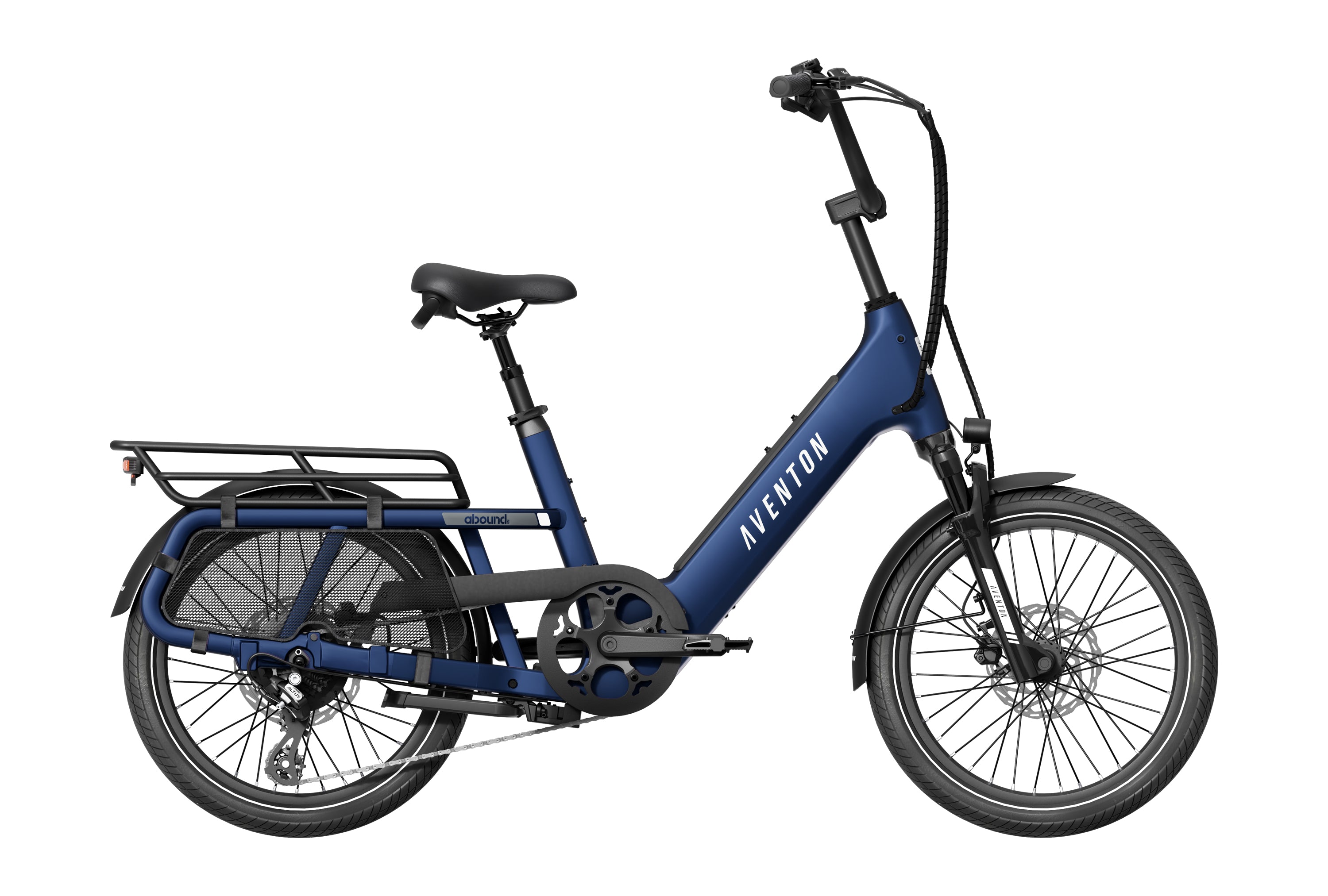 Aventon Abound SR compact cargo ebike in Cobalt Blue, side view. Image via Aventon.