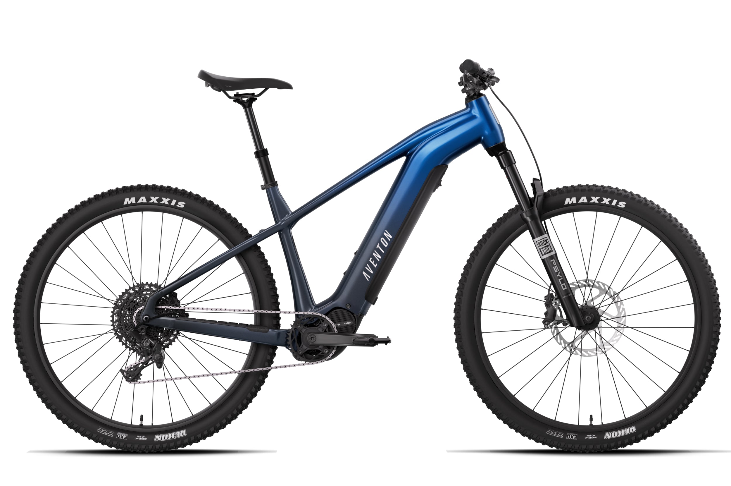 Aventon Ramblas ADV electric hardtail mountain bike in Cerulean, side profile. Image courtesy Aventon.