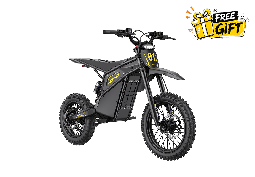Heybike Villain electric dirt bike in Midnight Black, side profile. Image courtesy Heybike.