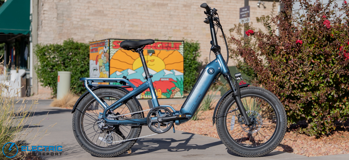 Ride1Up Portola folding electric bike with step-through frame and rear rack. Image via Electric Bike Report.