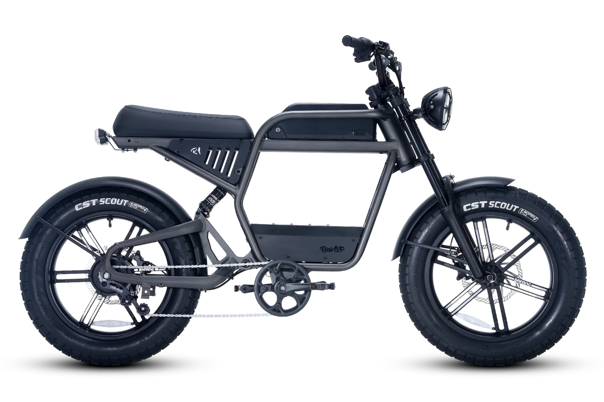 Ride1Up Revv1 FS full-suspension moped-style ebike in Graphite Gray, side profile. Image via Ride1Up.