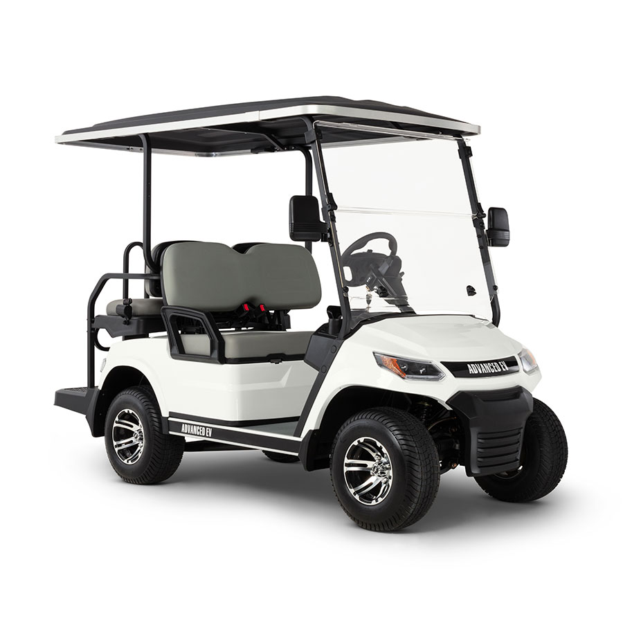 White Advanced EV Advent 4 golf cart with rear flip seat and alloy wheels. Image via Advanced EV.