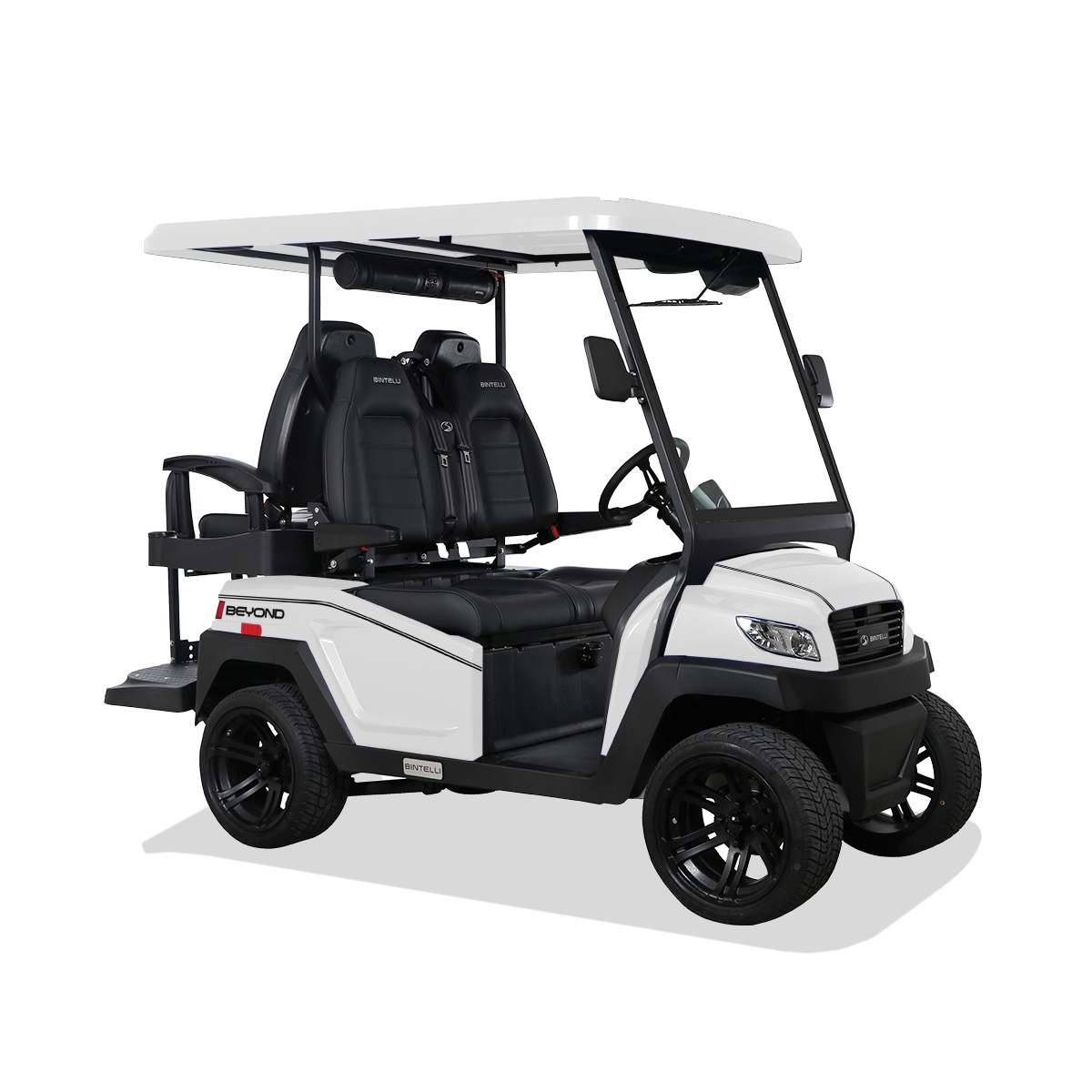 Bintelli Beyond 4 street-legal golf cart in white with black roof and rear flip seat. Image via Bintelli.