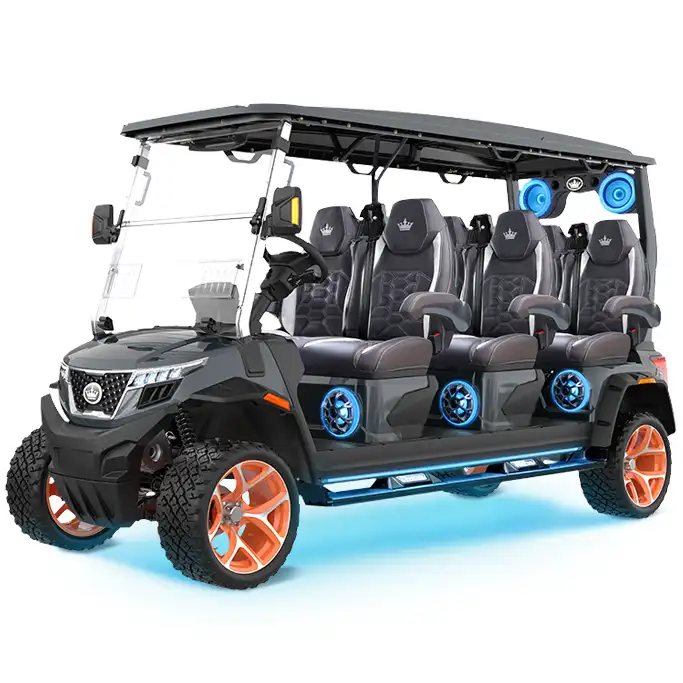 Black Evolution D-Max XT6 six-seat lifted golf cart with premium bucket seats and underbody lighting. Image via 303 Cart Barn.