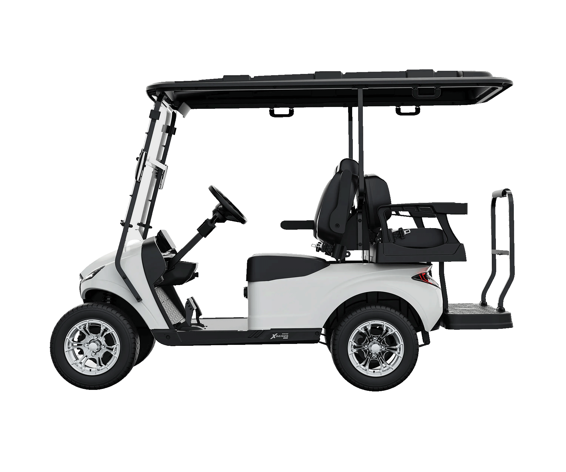 White 2026 MadJax XSeries X4 golf cart with black roof and rear flip seat, side profile. Image via MadJax.