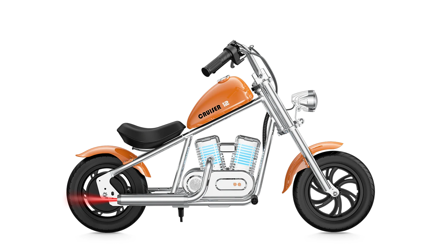 HYPER GOGO Cruiser 12 Plus kids electric chopper-style motorcycle, side view. Image via HYPER GOGO.