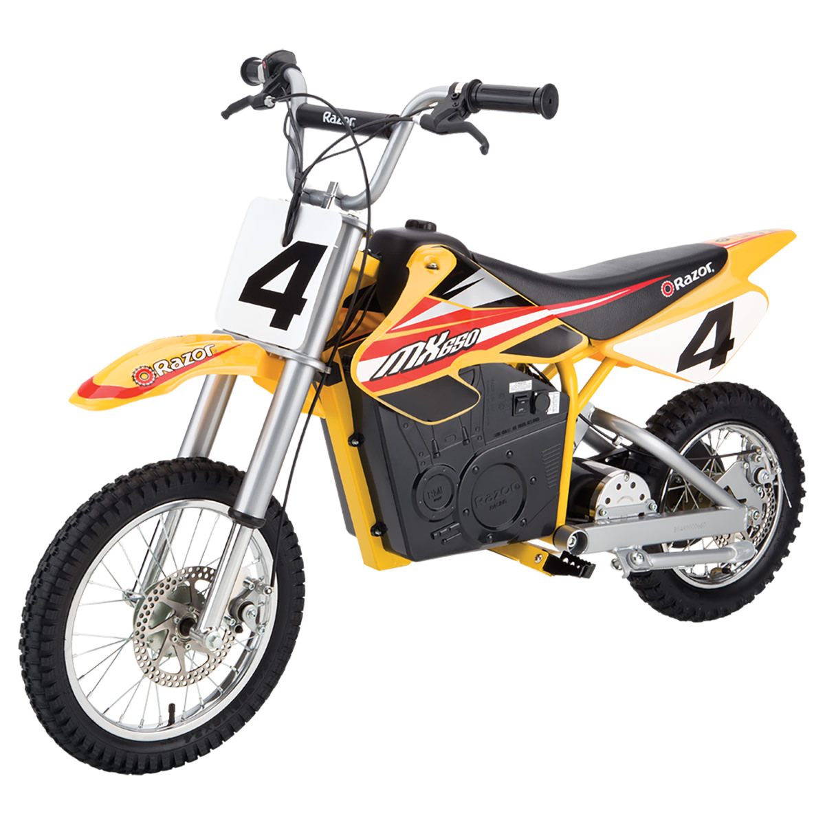 Razor MX650 Dirt Rocket electric motocross bike in yellow with dual suspension. Image via Razor.