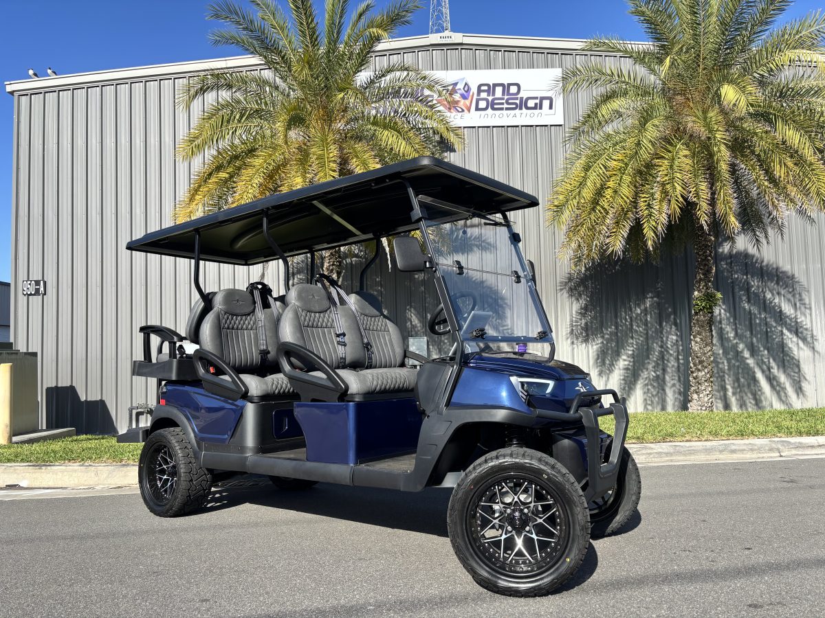 Cobalt blue 2026 Atlas 6P-L six-passenger lifted street-legal LSV with charcoal seats. Image via Dynamic Drives and Design.