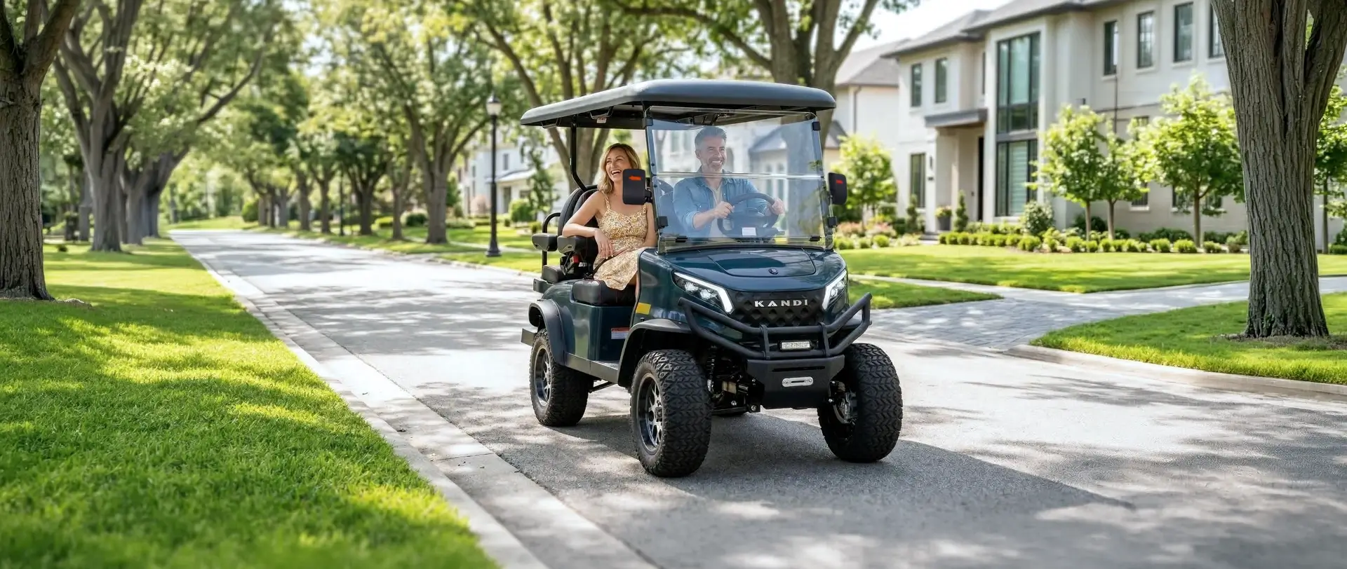 Dark green Kandi Kruiser 4Pro four-passenger LSV on a tree-lined street. Image via Kandi America.