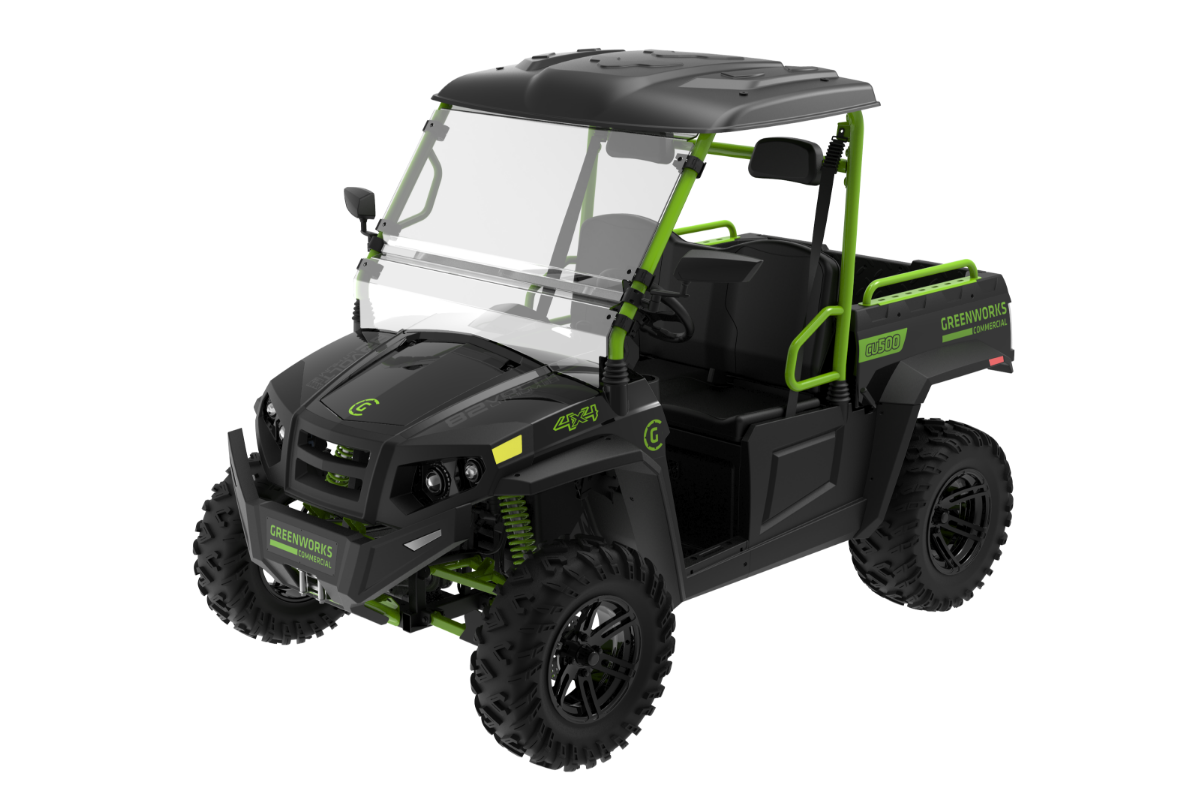 Black Greenworks U500 82V electric utility vehicle with roof and cargo dump bed. Image via Greenworks Commercial.