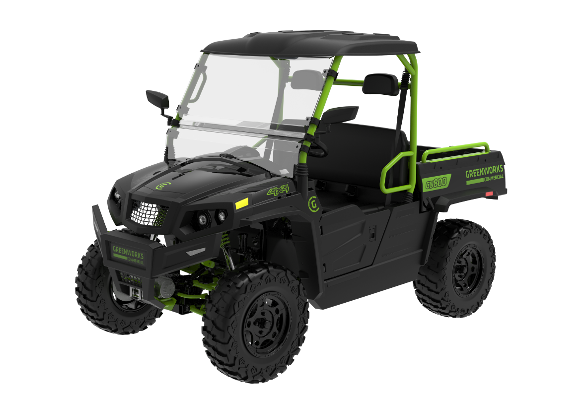 Black Greenworks U800 82V electric utility vehicle with roof, windshield, and cargo dump bed. Image via Greenworks Commercial.