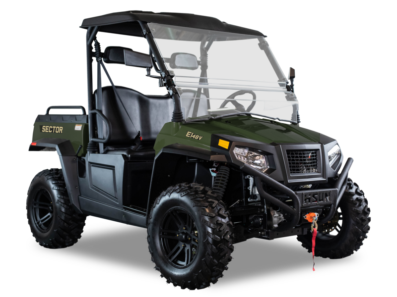 Green HISUN Sector E1 electric UTV with roof, windshield, and front winch. Image via HISUN Motors.