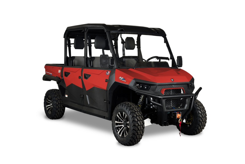 Red HISUN Stryker EV Crew six-seat electric UTV with roof, doors, and winch. Image via HISUN Motors.