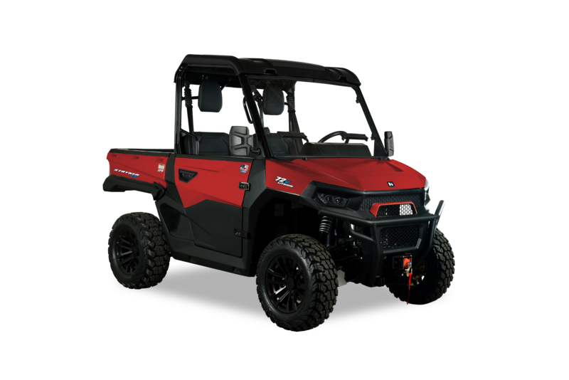 Red HISUN Stryker EV electric UTV with roof, doors, windshield, and winch. Image via HISUN Motors.