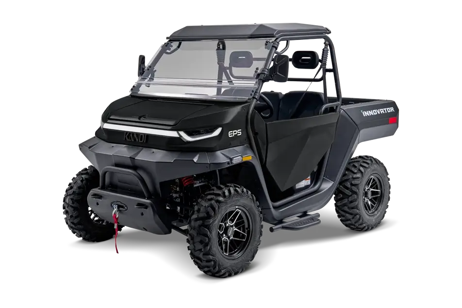 Matte black Kandi Innovator e10k electric UTV with roof, doors, windshield, and winch. Image via Kandi America.