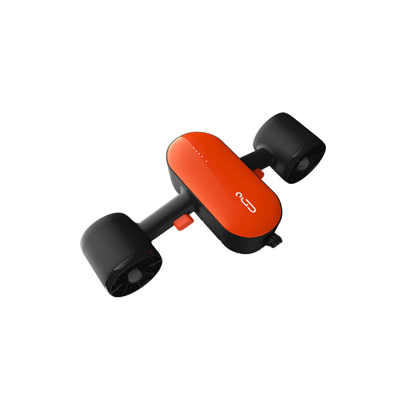 Orange Geneinno S2 dual-propeller underwater scooter, studio view. Image via Underwater Scooter Pros.
